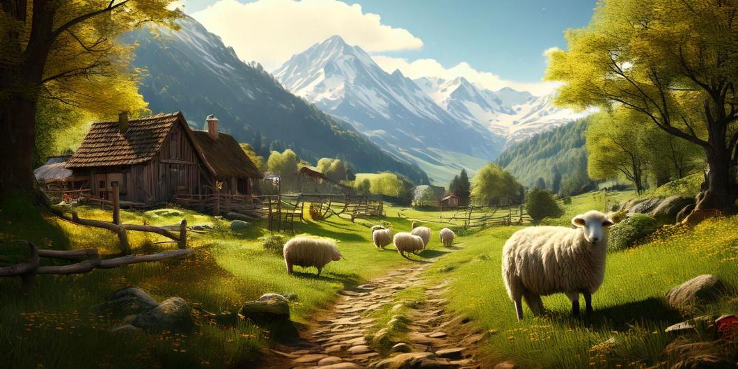 Ein friedliches Tal, umgeben von hohen Bergen, Holzhäusern und grasenden Schafen im Vordergrund