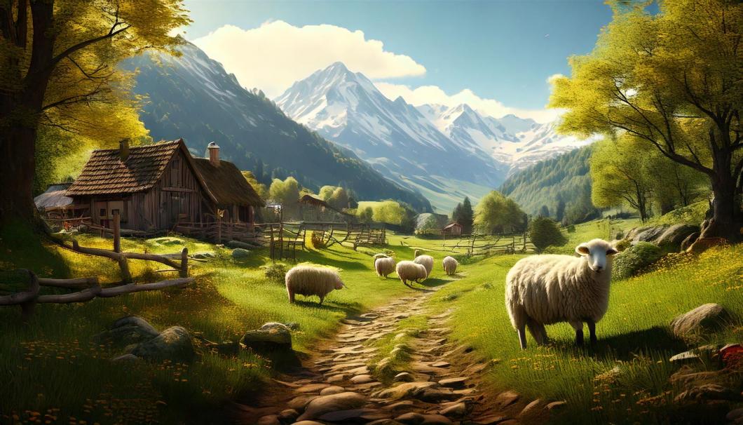 Ein friedliches Tal, umgeben von hohen Bergen, Holzhäusern und grasenden Schafen im Vordergrund