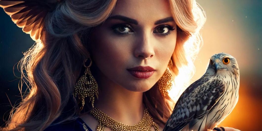 Das Fotot einer jungen Frau in blauen Gewändern mit braunen Haaren und einem kleinen Falken auf der Hand.