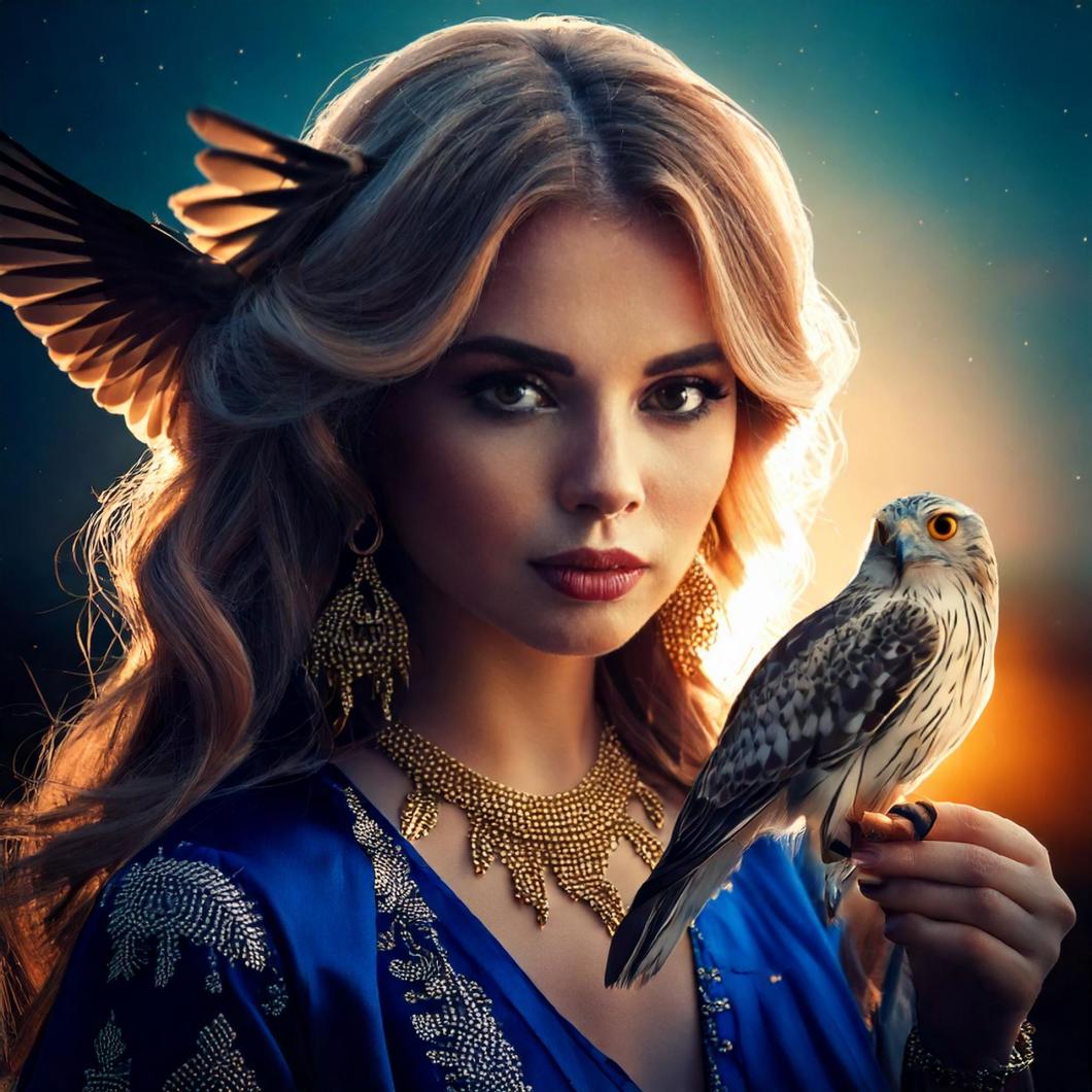 Das Fotot einer jungen Frau in blauen Gewändern mit braunen Haaren und einem kleinen Falken auf der Hand.
