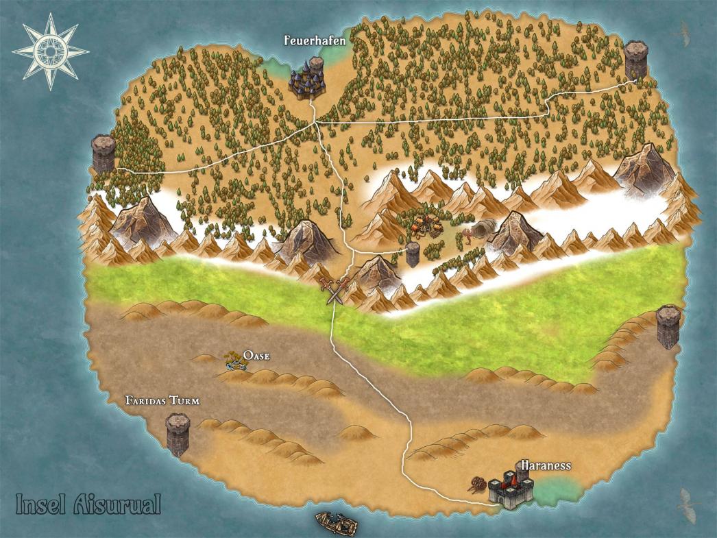 Die Karte von Aisurual, eine sehr große Insel mit einem großen Gebirge, das diese in der Mitte durchläuft. Sieben Türme sind im sternförmig auf der Insel verteilt.