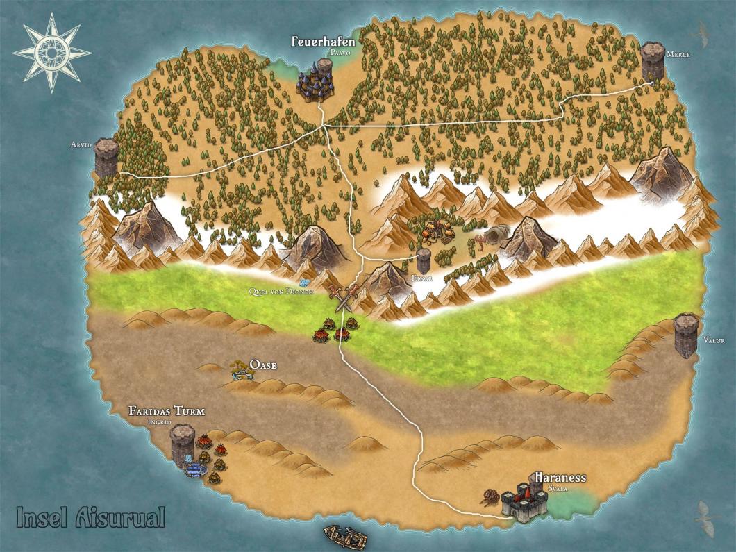 Die Karte von Aisurual, eine sehr große Insel mit einem großen Gebirge, das diese in der Mitte durchläuft. Sieben Türme mit Namen sind im sternförmig auf der Insel verteilt.