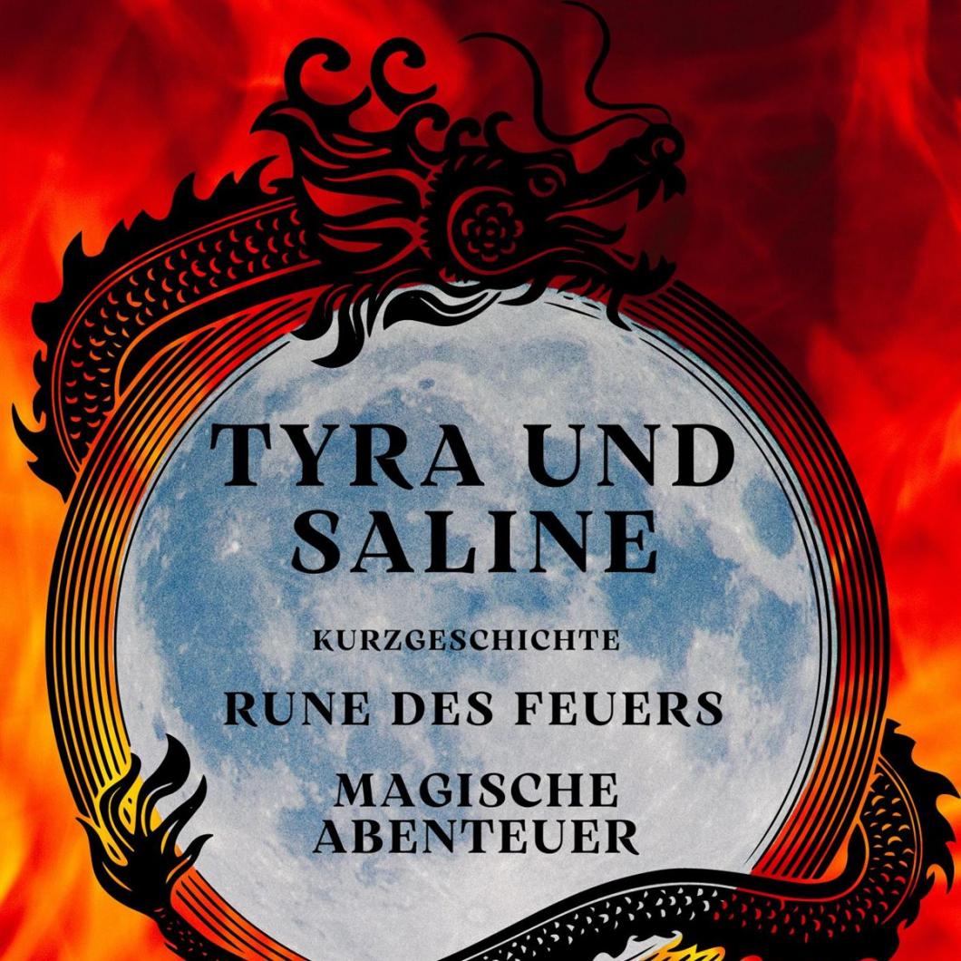 Buchcover, Tyra und Saline, Kurzgeschichte, Silber und Gold 1, Daniel Wernersson, Ein Mond der von einem Drachen umschlungen ist, mit gelbroten Flammen als Hintergrund und sieben Türmen