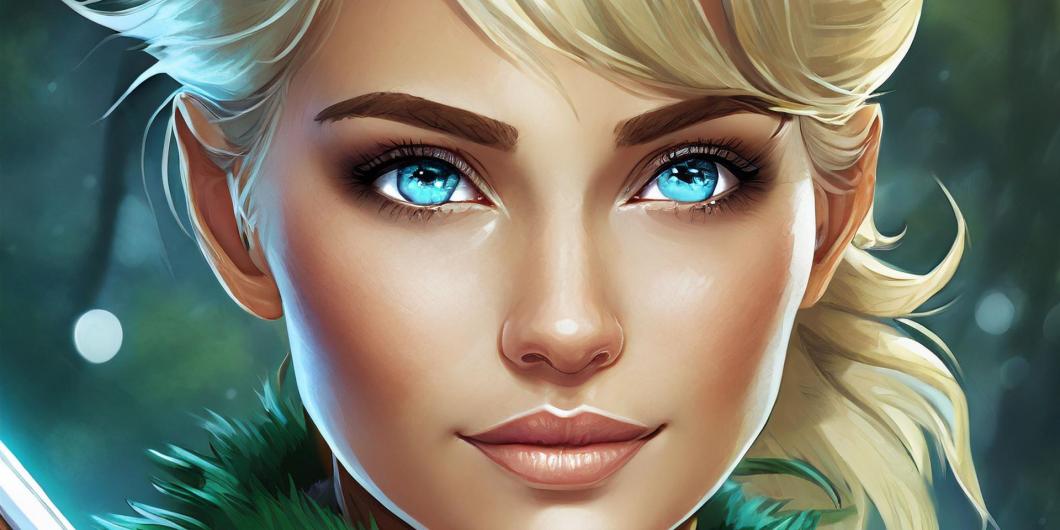 Das Bild einer jungen blonden Kriegerin, die am Kragen ihrer Rüstung einen grünen Pelzbesatz hat.