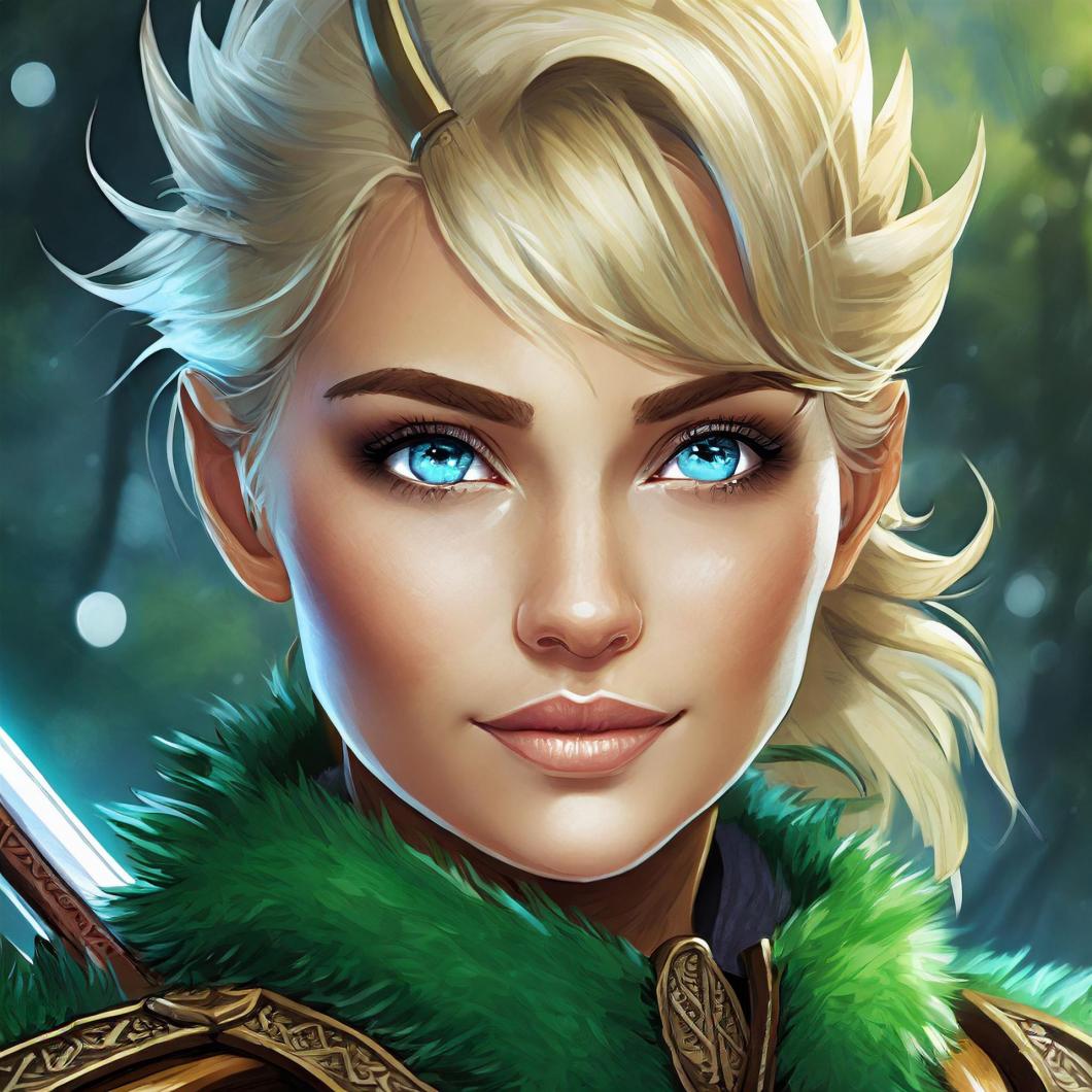 Das Bild einer jungen blonden Kriegerin, die am Kragen ihrer Rüstung einen grünen Pelzbesatz hat.