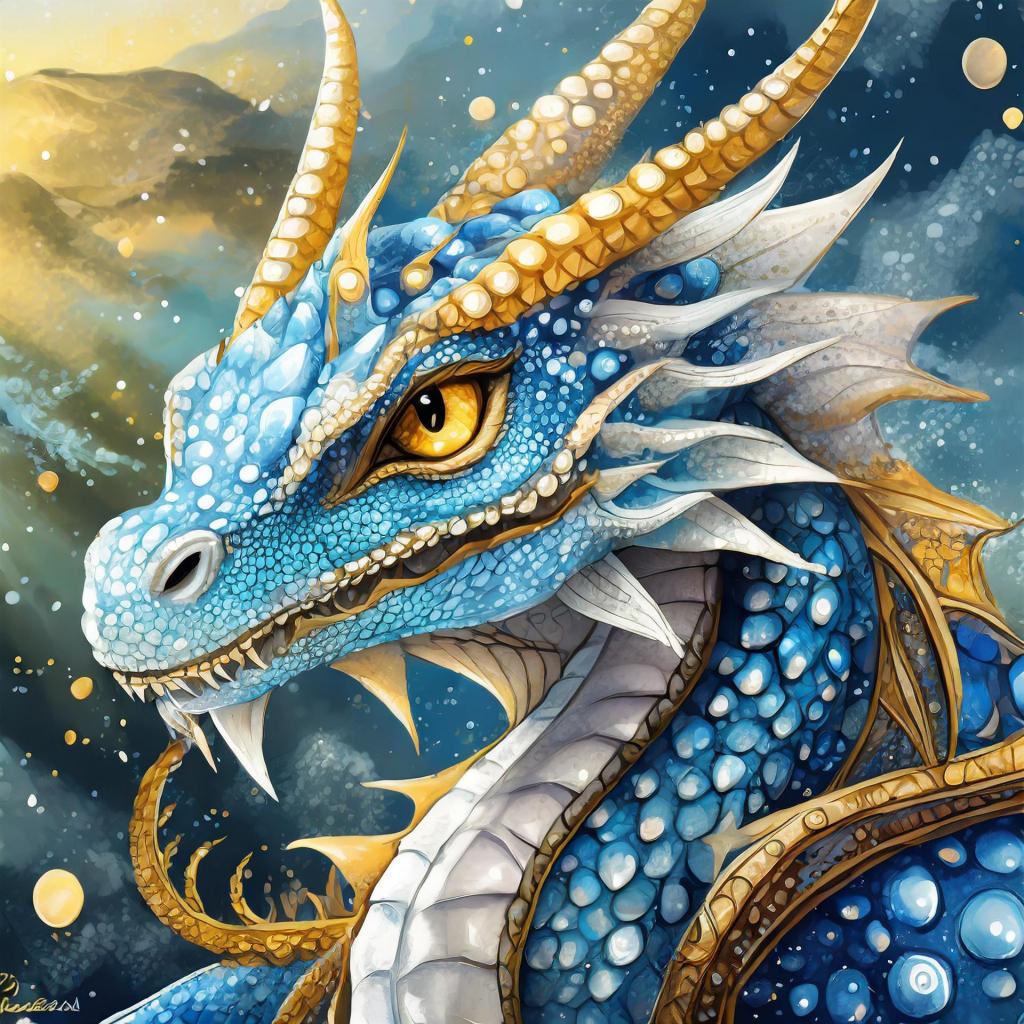 Ein weiblicher Drache mit einer mehrheitlich hellblauen Färbung und weißen Punkten. Ihr Kopf ist von mehreren langen glatten Hörnern bedeckt