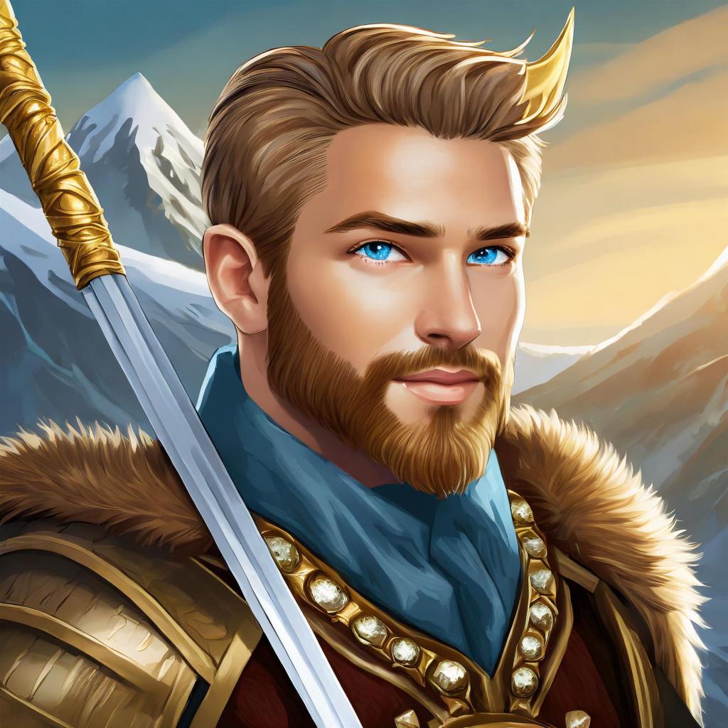 Das Bild eines gut aussehenden Kriegers mit kurzen blonden Haaren in einer Rüstung mit einem Katana ähnlichen Schwert auf der Schulter